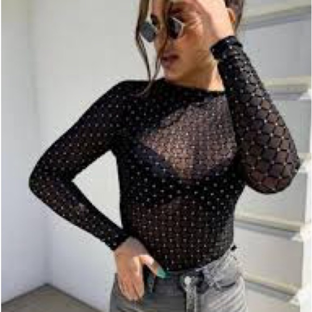 NEW Love Nation Black Bodysuit Mesh LARGE glitter long sleeve